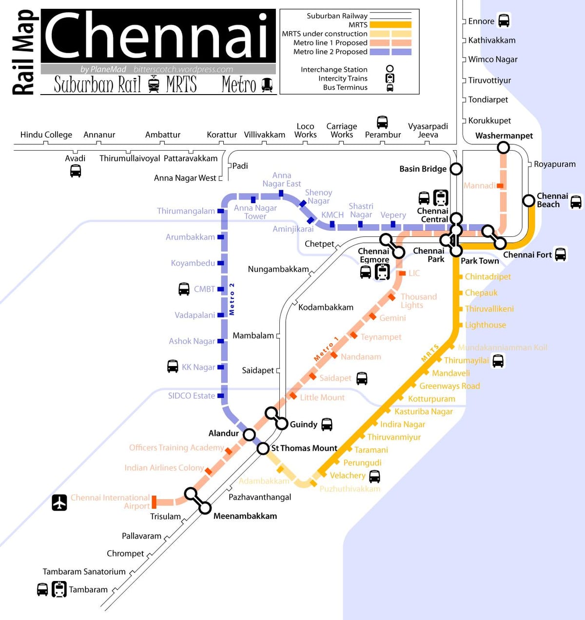 მეტრო სარკინიგზო Chennai მარშრუტის რუკა