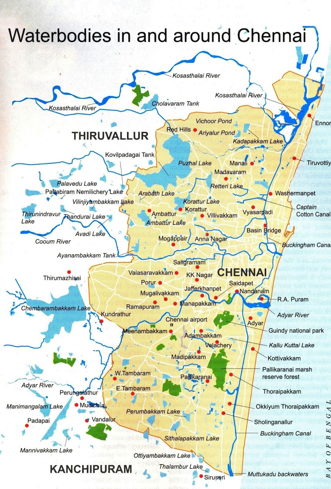 Chennai წყლის ობიექტების რუკა